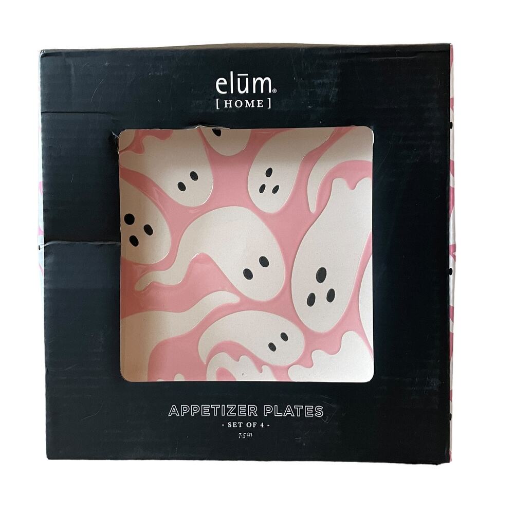 Halloween GHOST Appetizer Plates 7.5in Set of 4 Ceramic Pink & Purple NEW